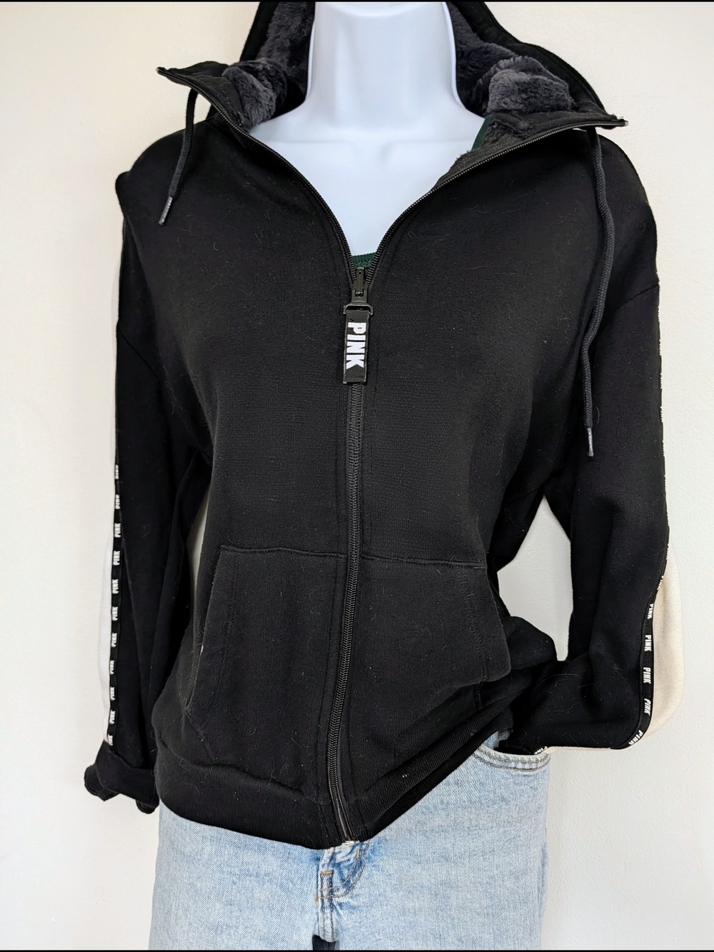 PINK Victoria's Secret by Victoria's Secret Black Zip-Up Sherpa-Lined Hoodie